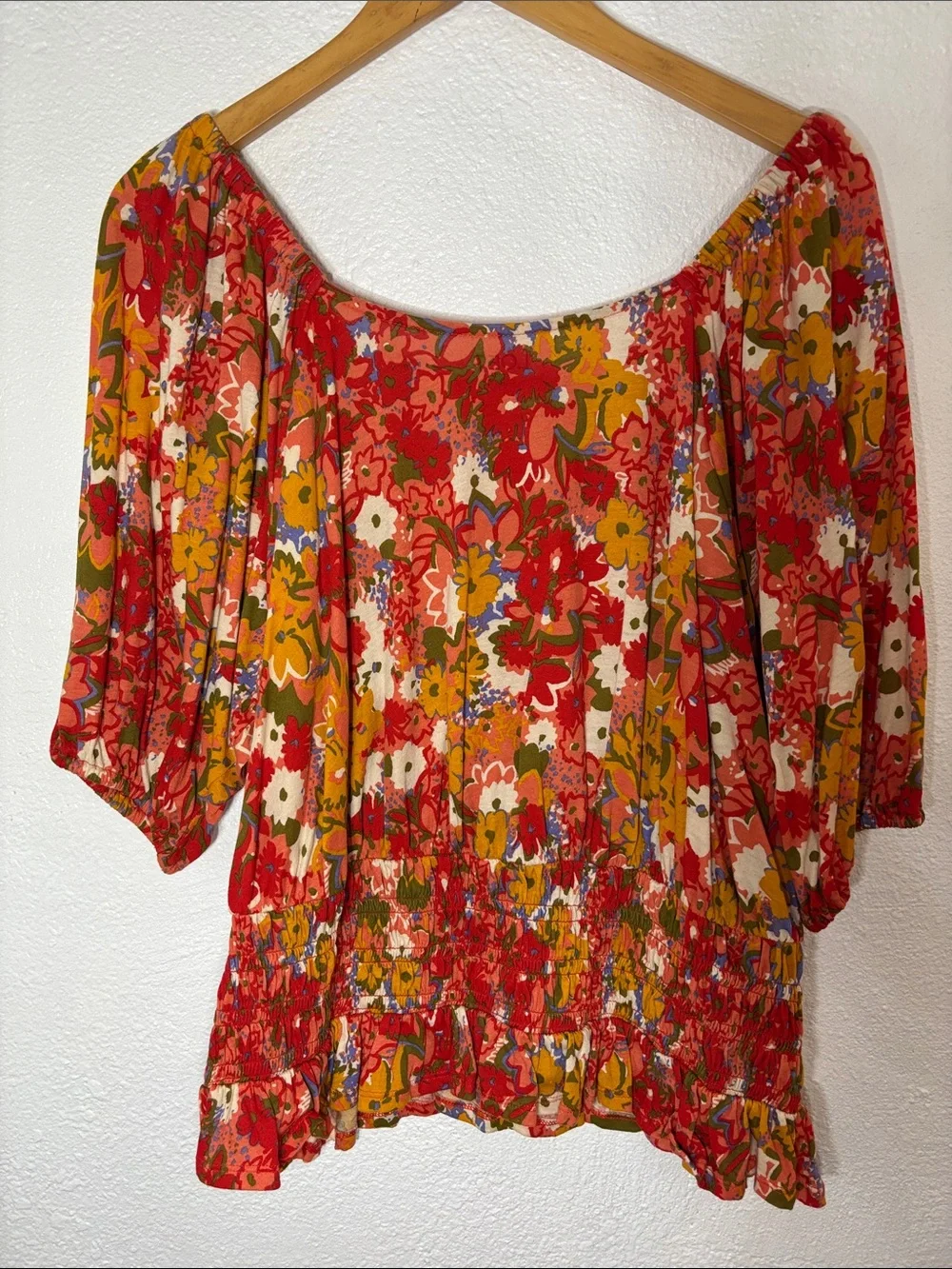 LOFT Floral Smocked Hem Red Women's Peasant Top Milkmaid Cottagecore SZ XL